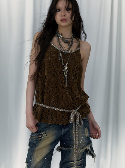 Vintage Lace-up Distressed Crochet Bralette Top