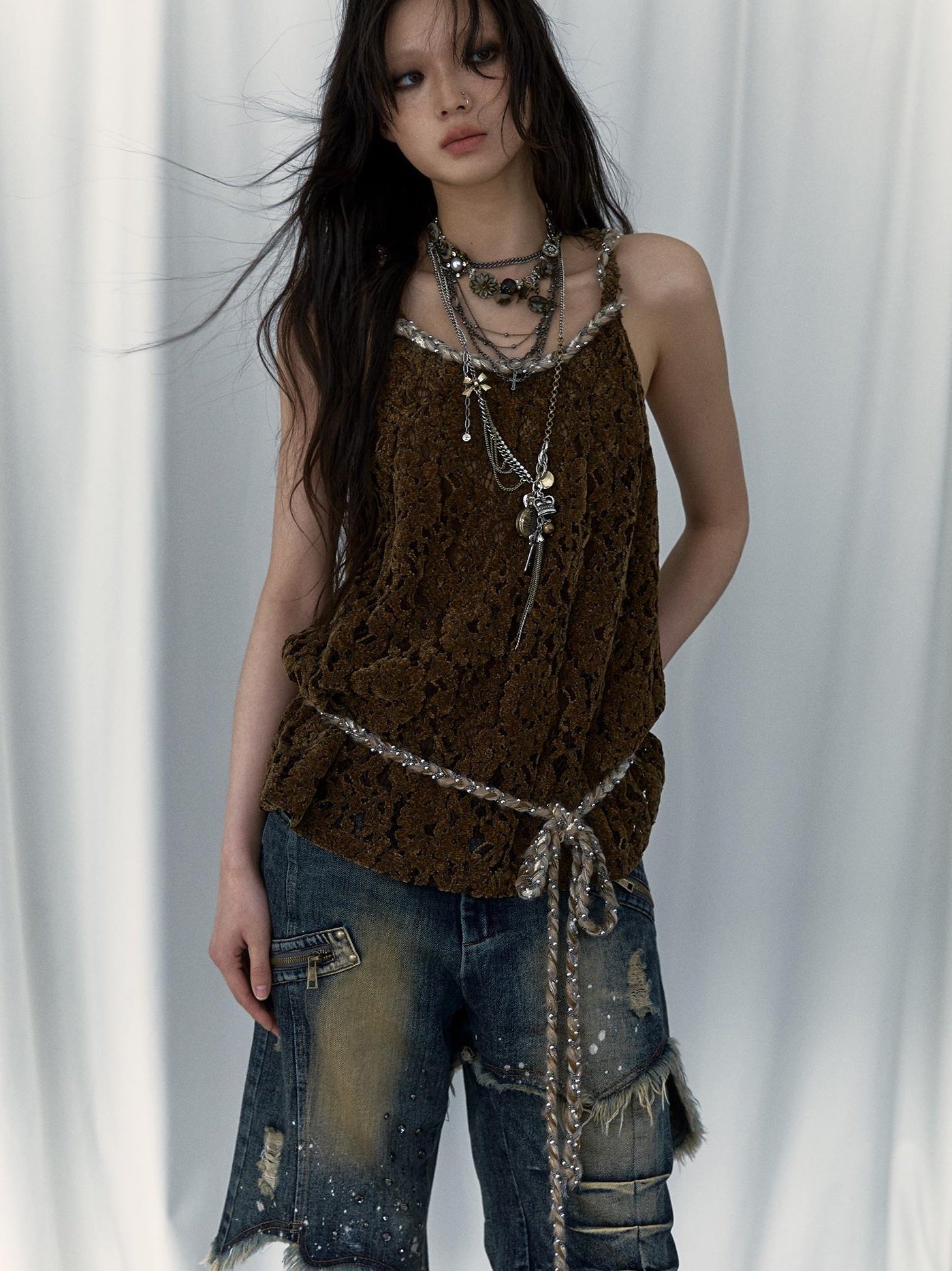 Vintage Lace-up Distressed Crochet Bralette Top