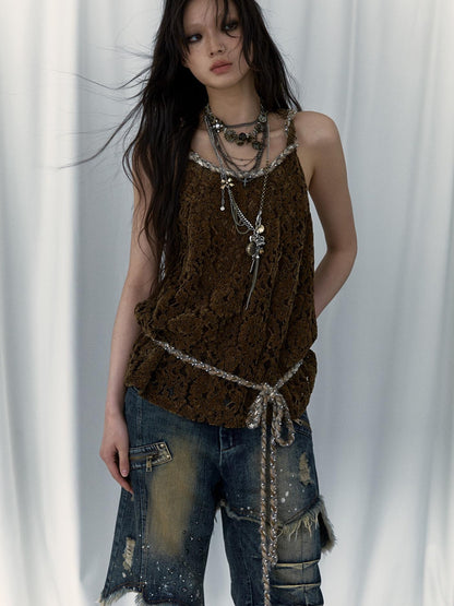 Vintage Lace-up Distressed Crochet Bralette Top