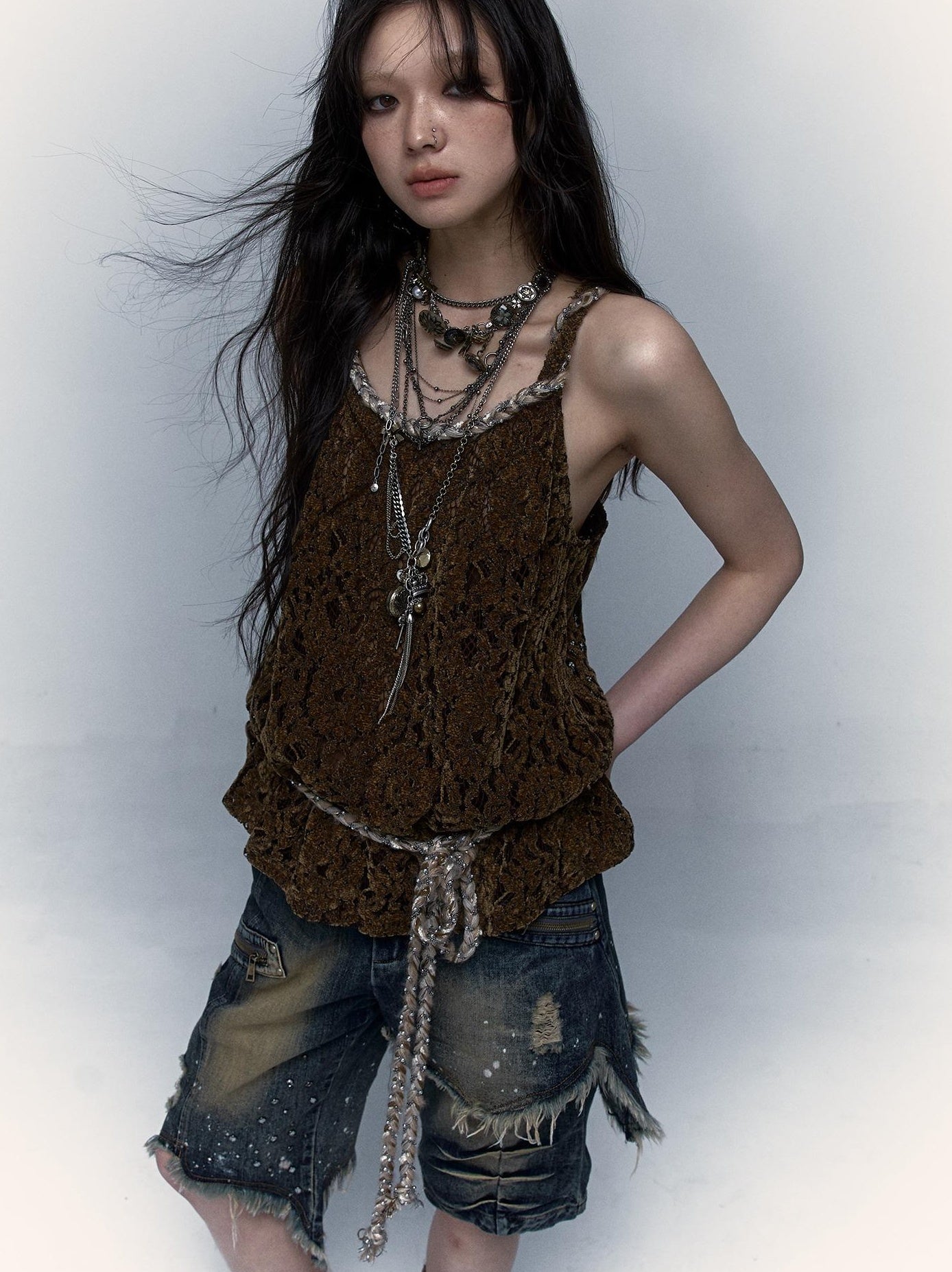Vintage Lace-up Distressed Crochet Bralette Top