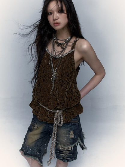 Vintage Lace-up Distressed Crochet Bralette Top