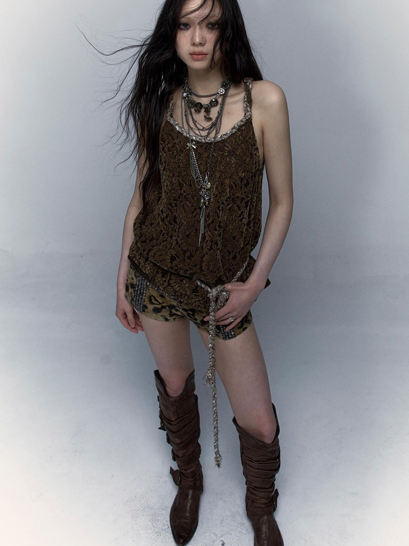 Vintage Lace-up Distressed Crochet Bralette Top