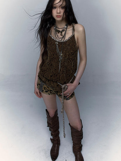 Vintage Lace-up Distressed Crochet Bralette Top