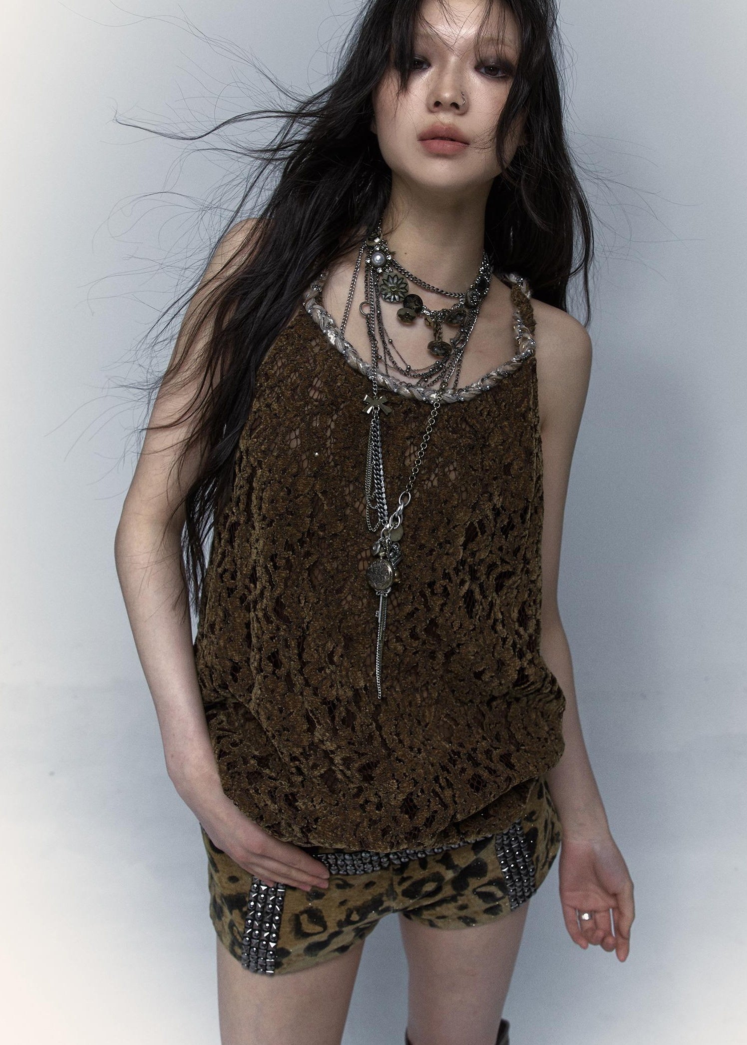 Vintage Lace-up Distressed Crochet Bralette Top