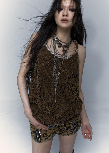 Vintage Lace-up Distressed Crochet Bralette Top