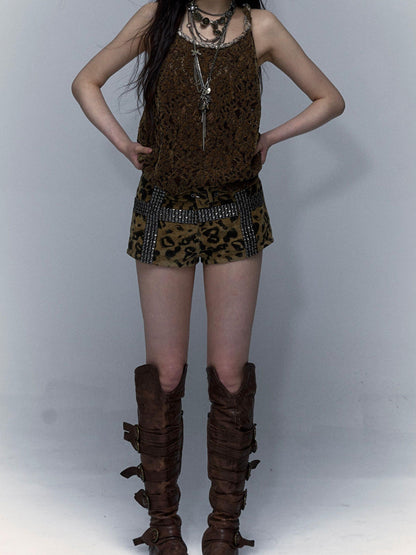 Vintage Lace-up Distressed Crochet Bralette Top