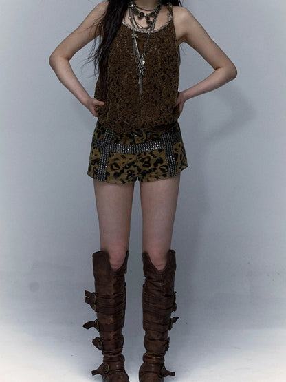 Vintage Lace-Up Distressed Crochet Bralette Top