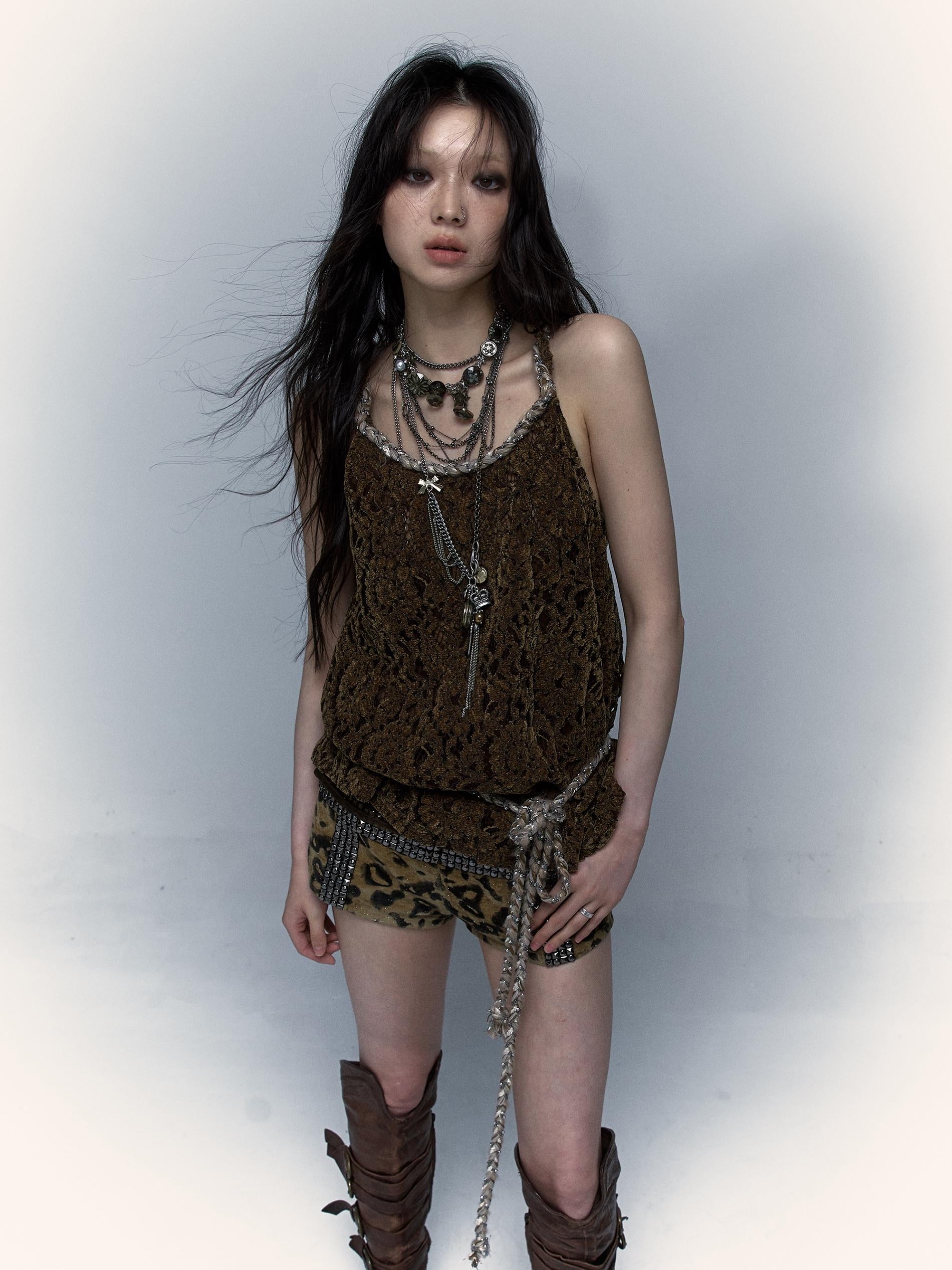 Vintage Lace-up Distressed Crochet Bralette Top