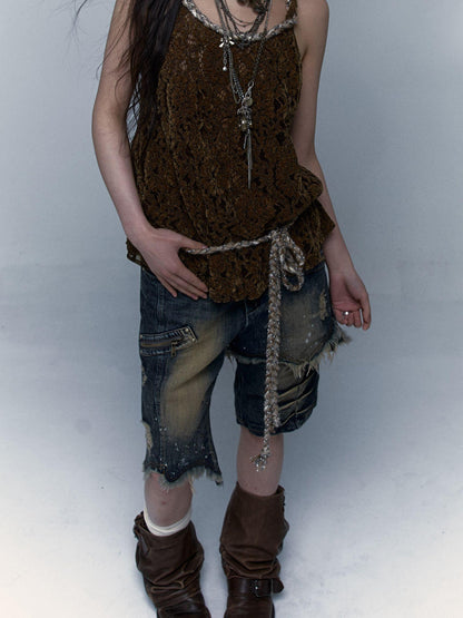 Vintage Lace-up Distressed Crochet Bralette Top