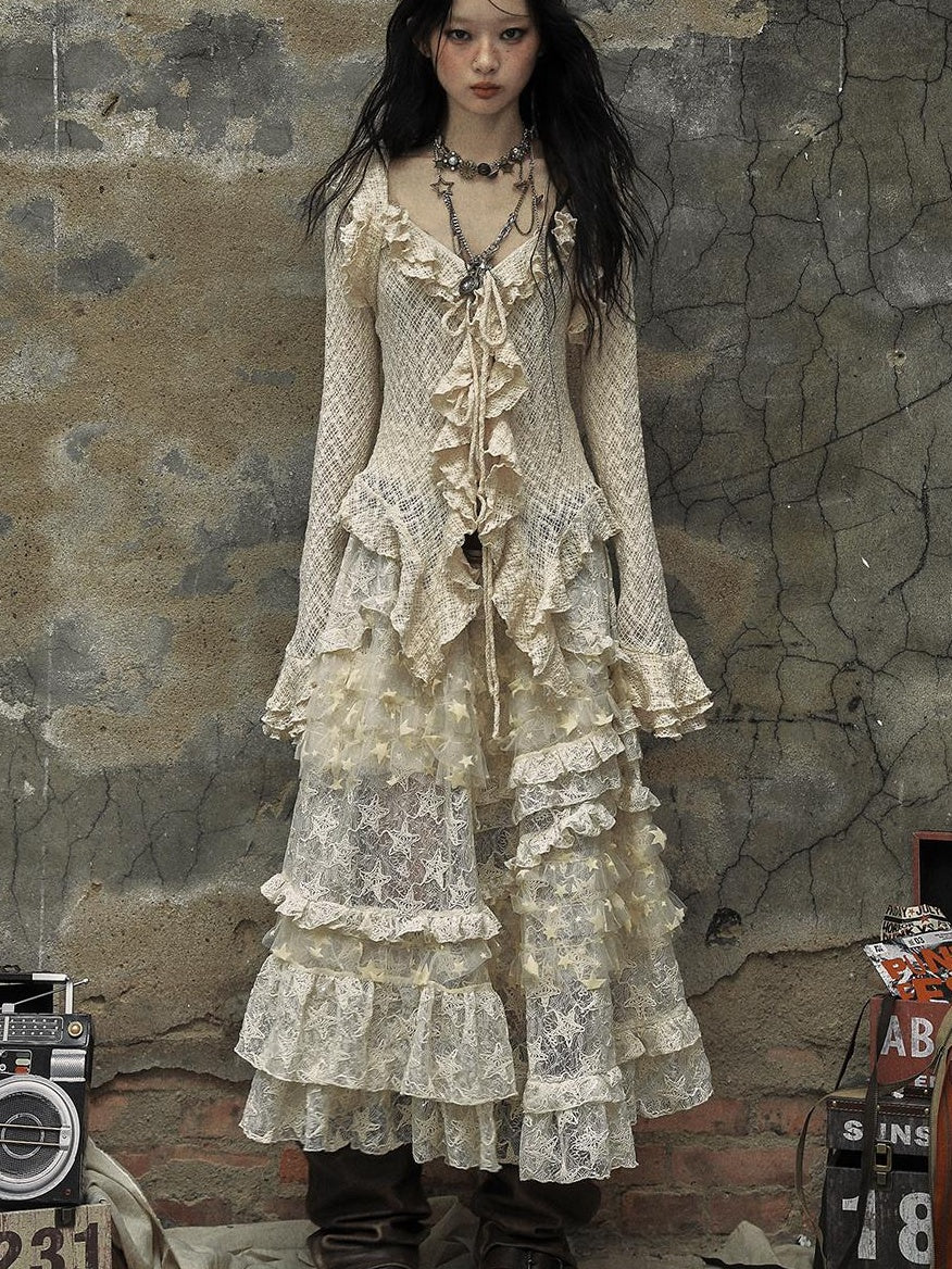 Vintage Lace High Waist Romantic Tiered Tulle Dress