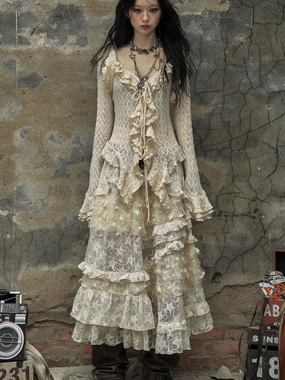 Vintage Lace High Waist Romantic Tiered Tulle Dress