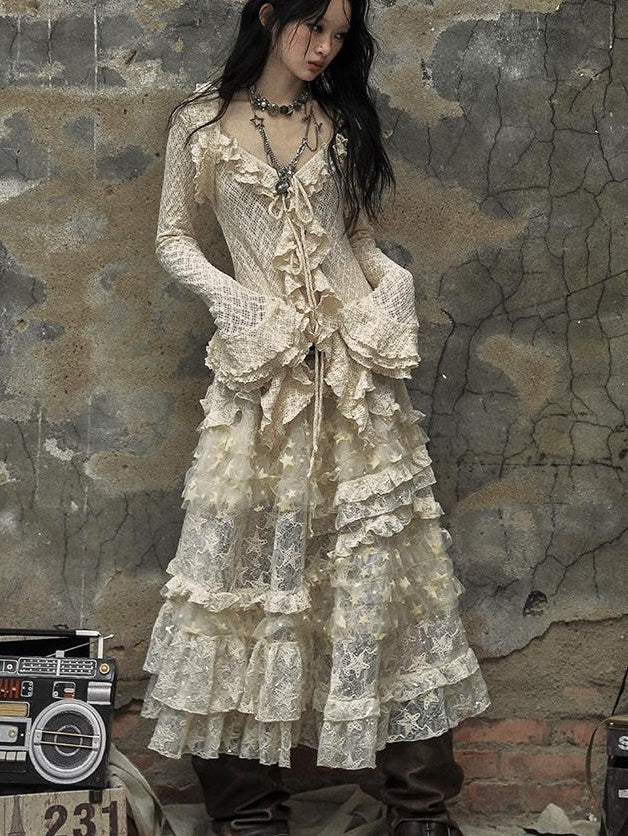 Vintage Lace High Waist Romantic Tiered Tulle Dress