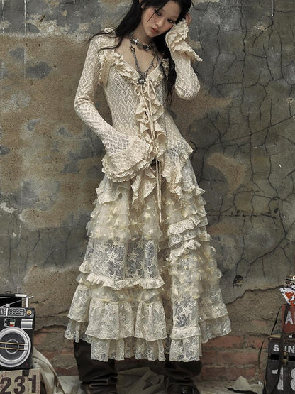 Vintage Lace High Waist Romantic Tiered Tulle Dress