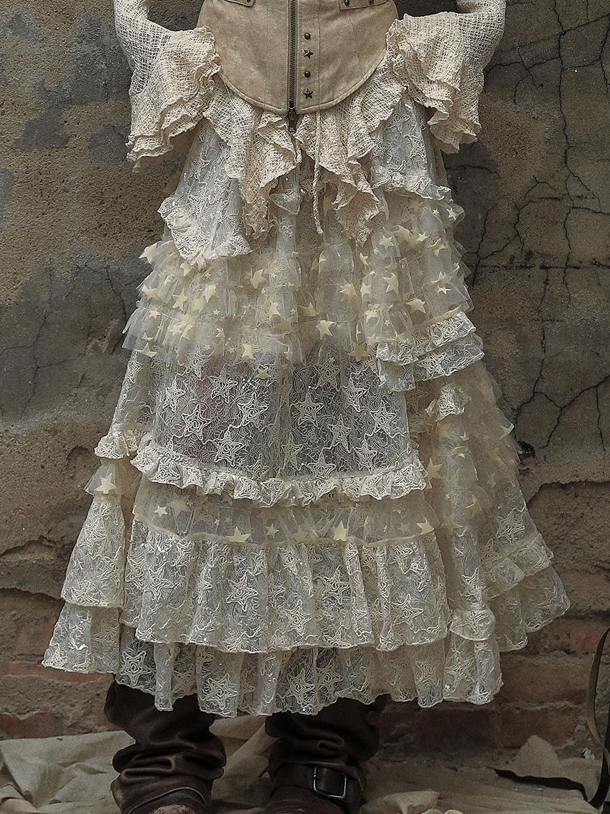 Vintage Lace High Waist Romantic Tiered Tulle Dress