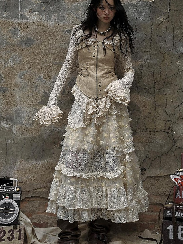 Vintage Lace High Waist Romantic Tiered Tulle Dress