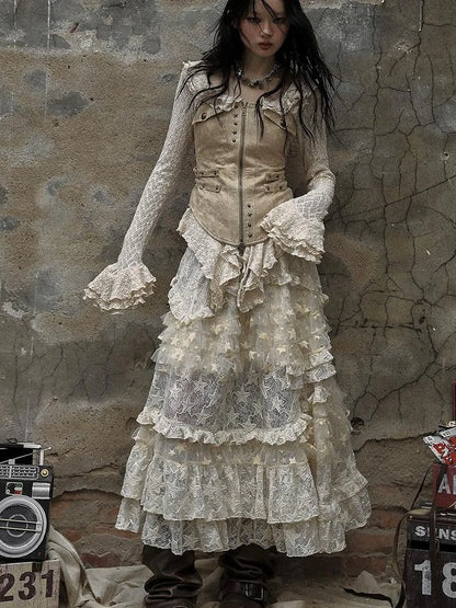 Vintage Lace High Waist Romantic Tiered Tulle Dress
