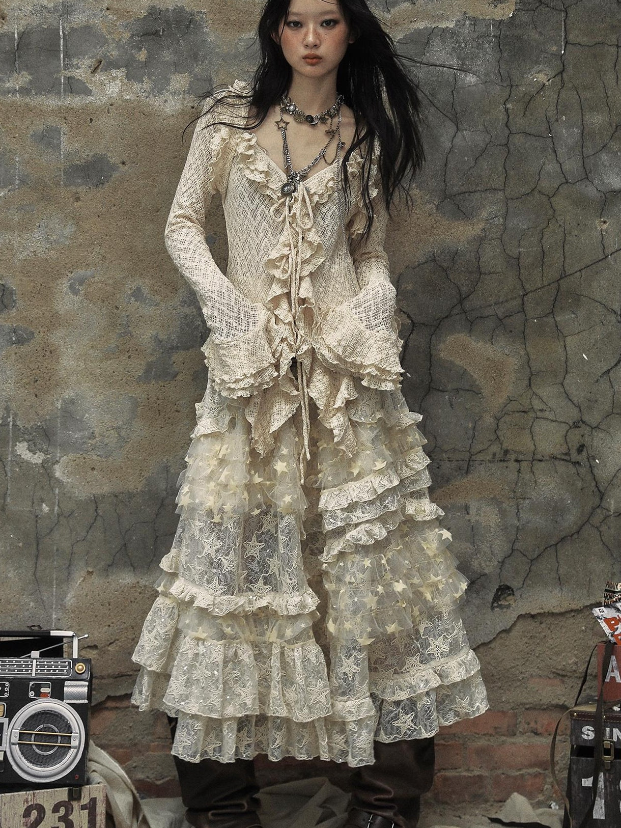 Vintage Lace High Waist Romantic Tiered Tulle Dress