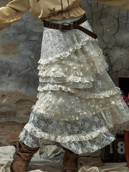 Vintage Lace High Waist Romantic Tiered Tulle Dress