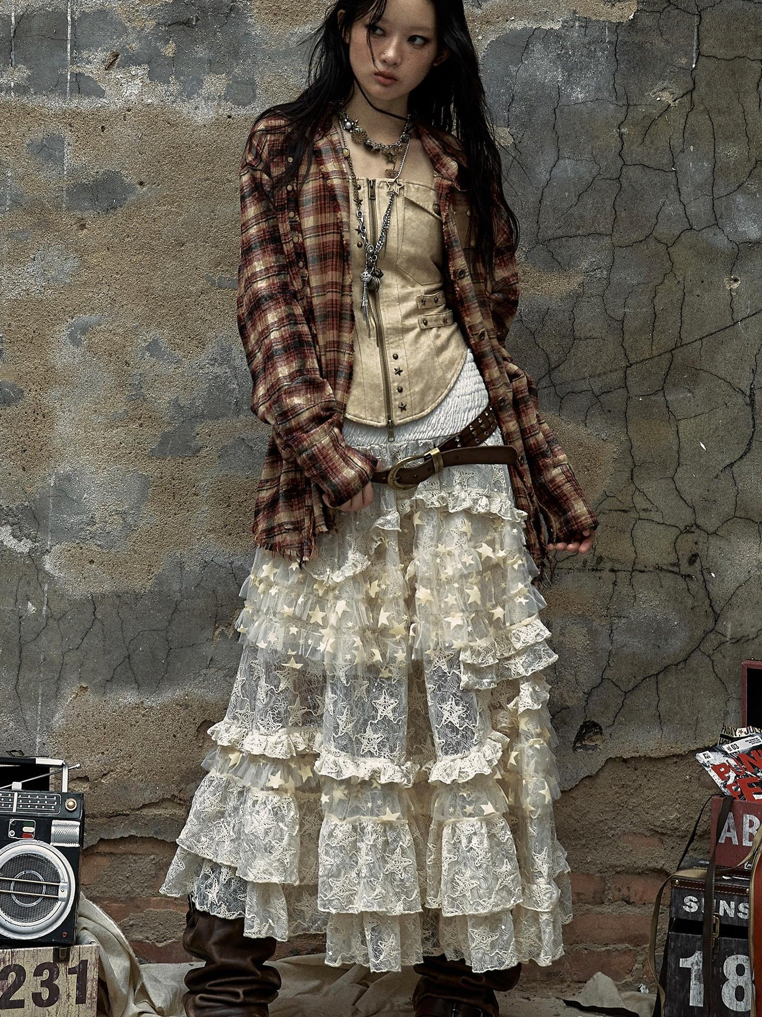 Vintage Lace High Waist Romantic Tiered Tulle Dress