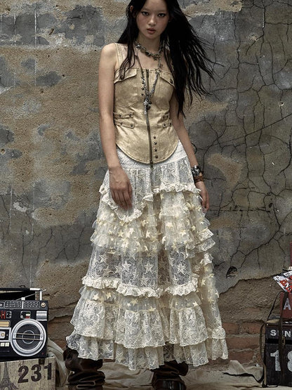 Vintage Lace High Waist Romantic Tiered Tulle Dress