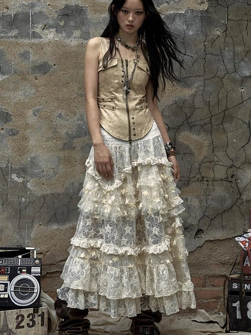 Vintage Lace High Waist Romantic Tiered Tulle Dress