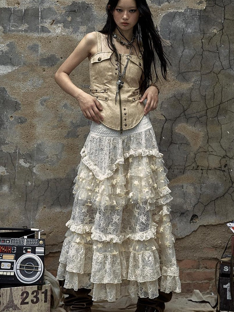 Vintage Lace High Waist Romantic Tiered Tulle Dress