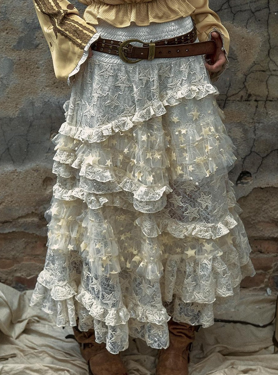 Vintage Lace High Waist Romantic Tiered Tulle Dress