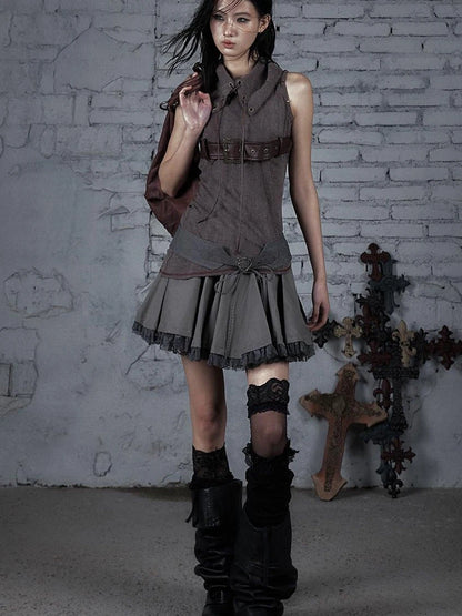 Vintage Lace Patchwork Washed Mini Puff Skirt