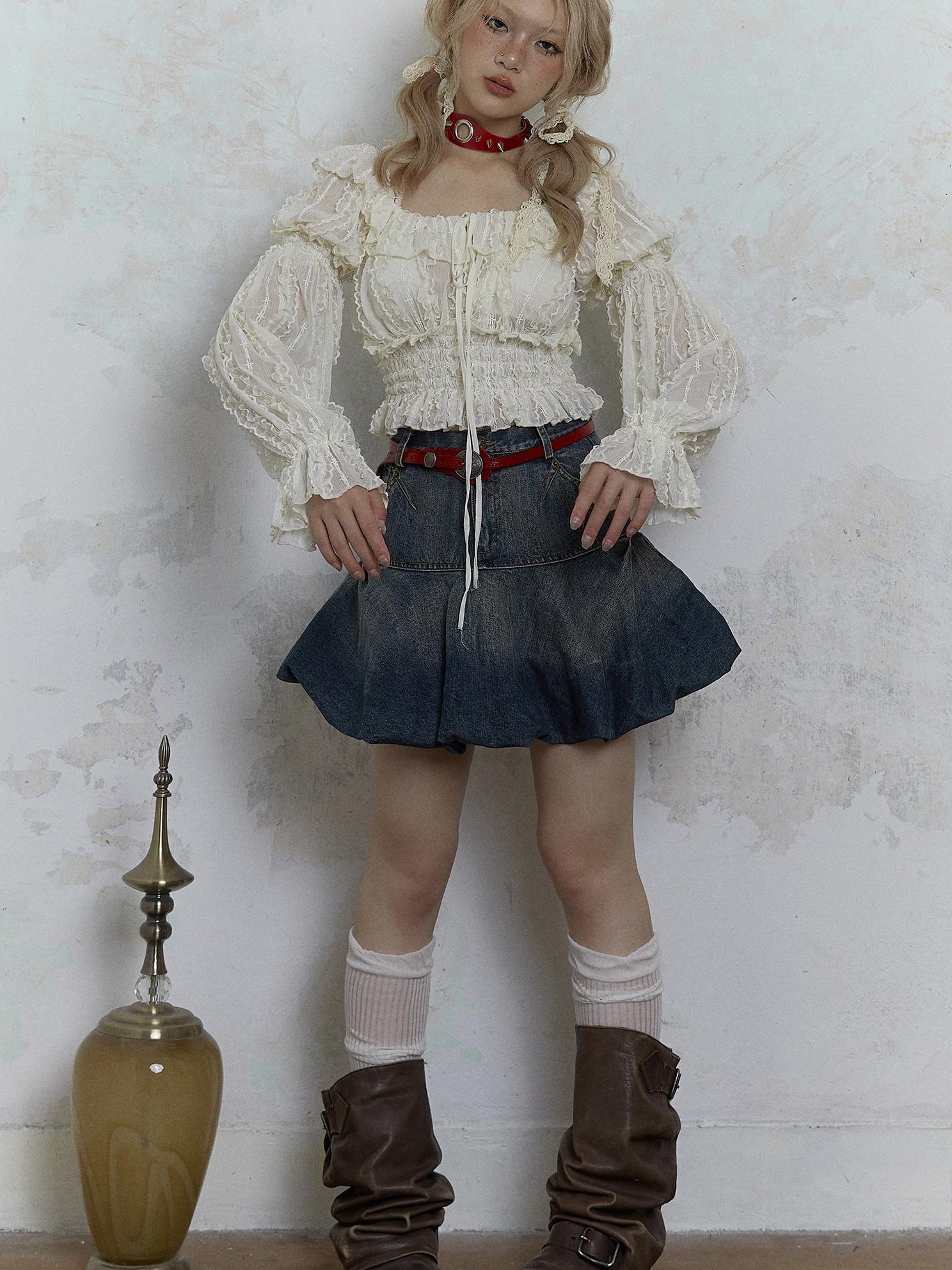 Vintage Lace Puff Sleeve Off Shoulder Blouse Top