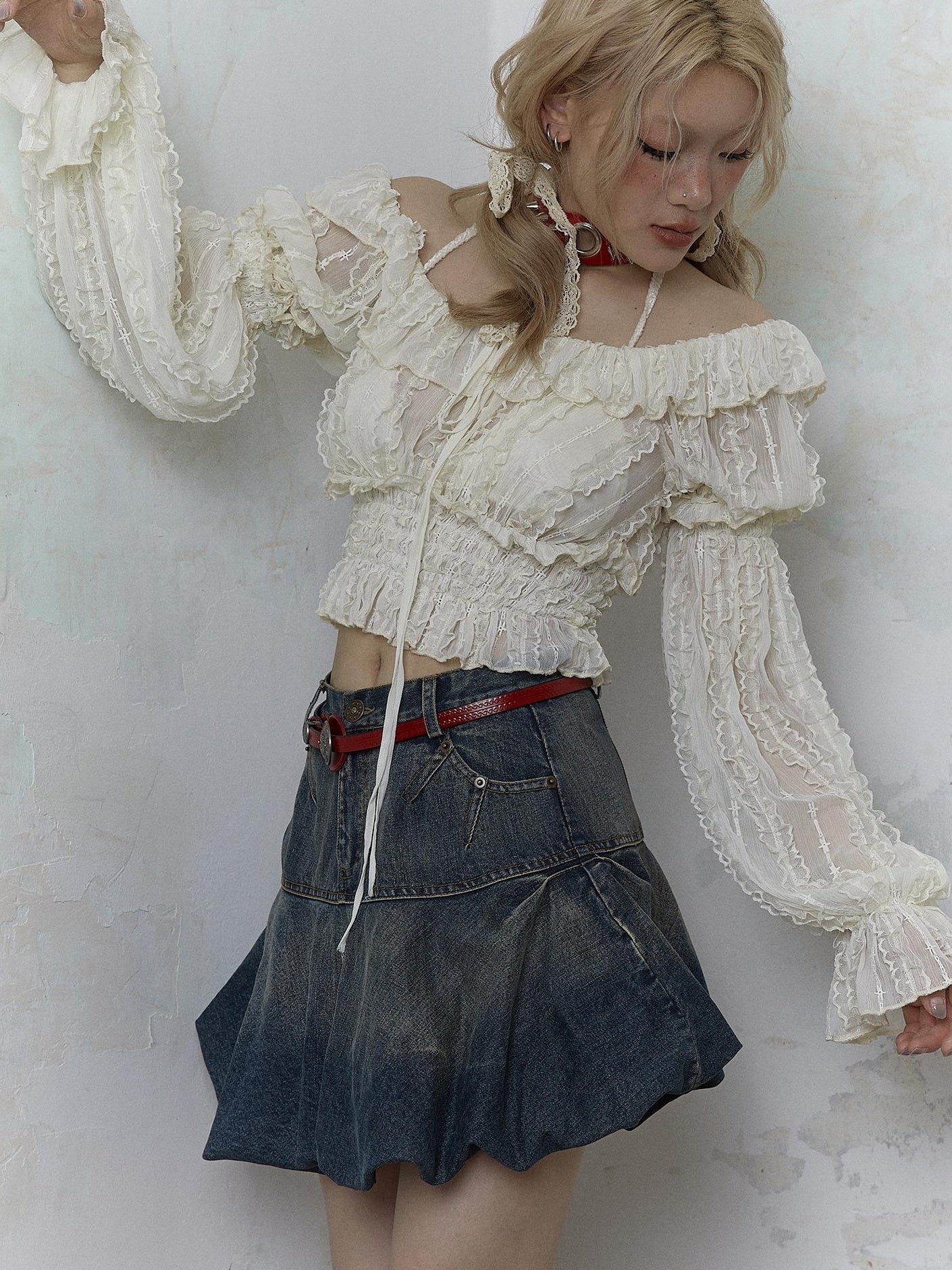 Vintage Lace Puff Sleeve Off Shoulder Blouse Top