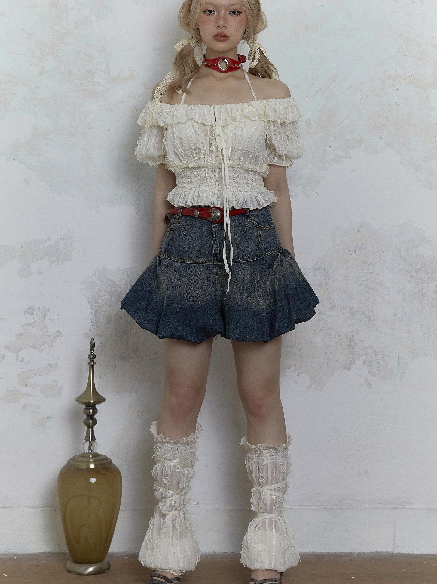 Vintage Lace Puff Sleeve Off Shoulder Blouse Top