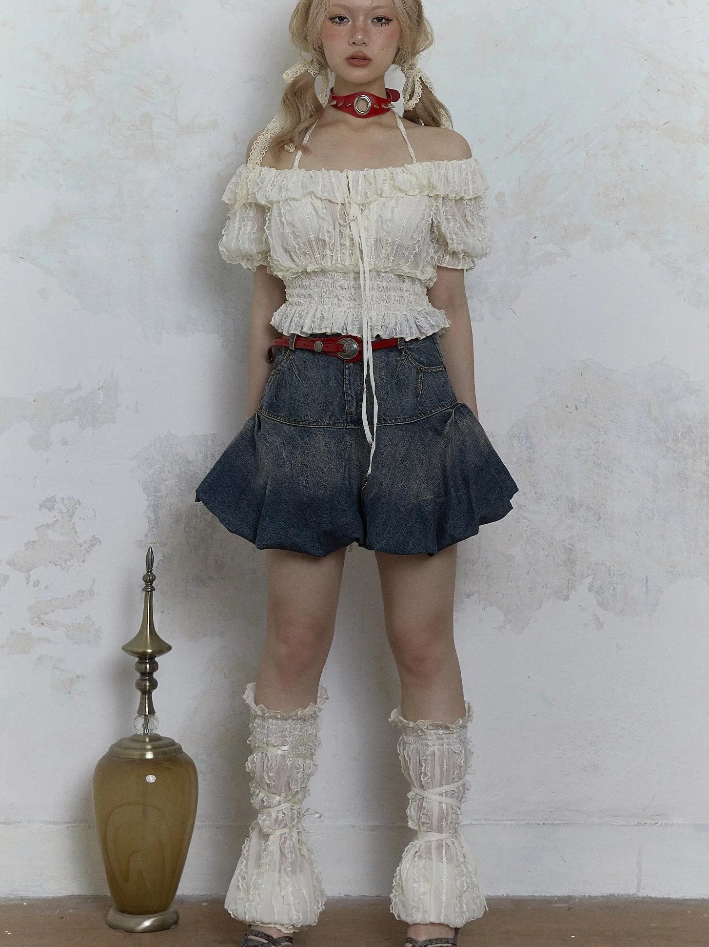 Vintage Lace Puff Sleeve Off Shoulder Blouse Top