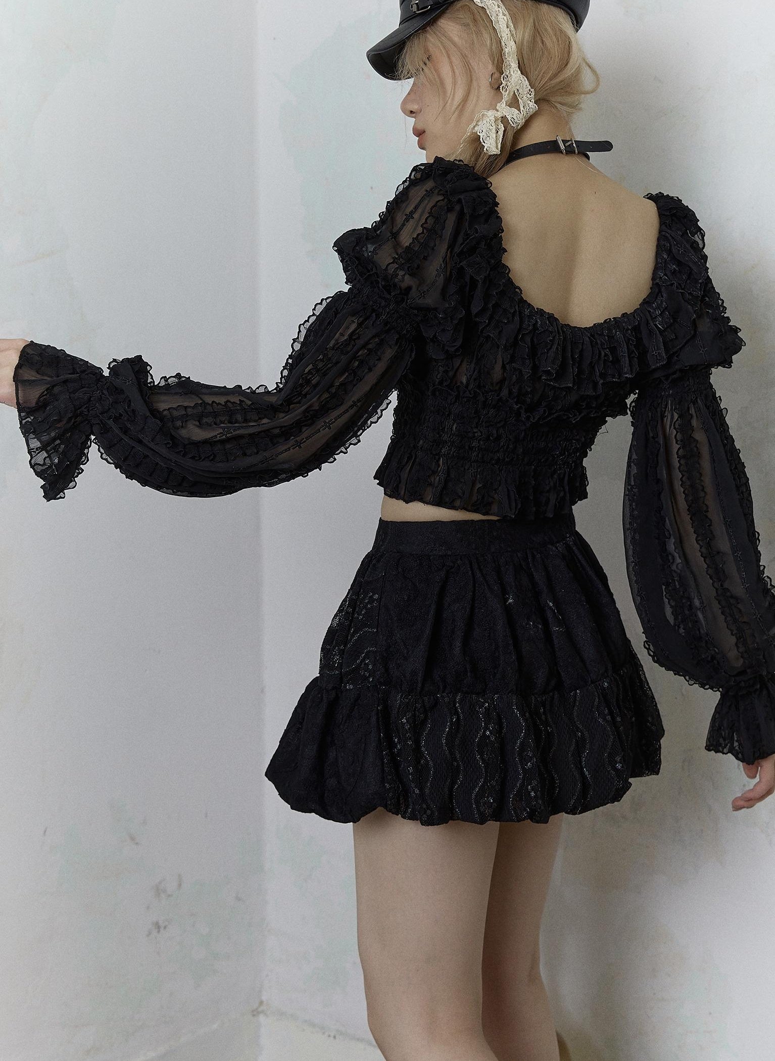 Vintage Lace Puff Sleeve Off Shoulder Blouse Top