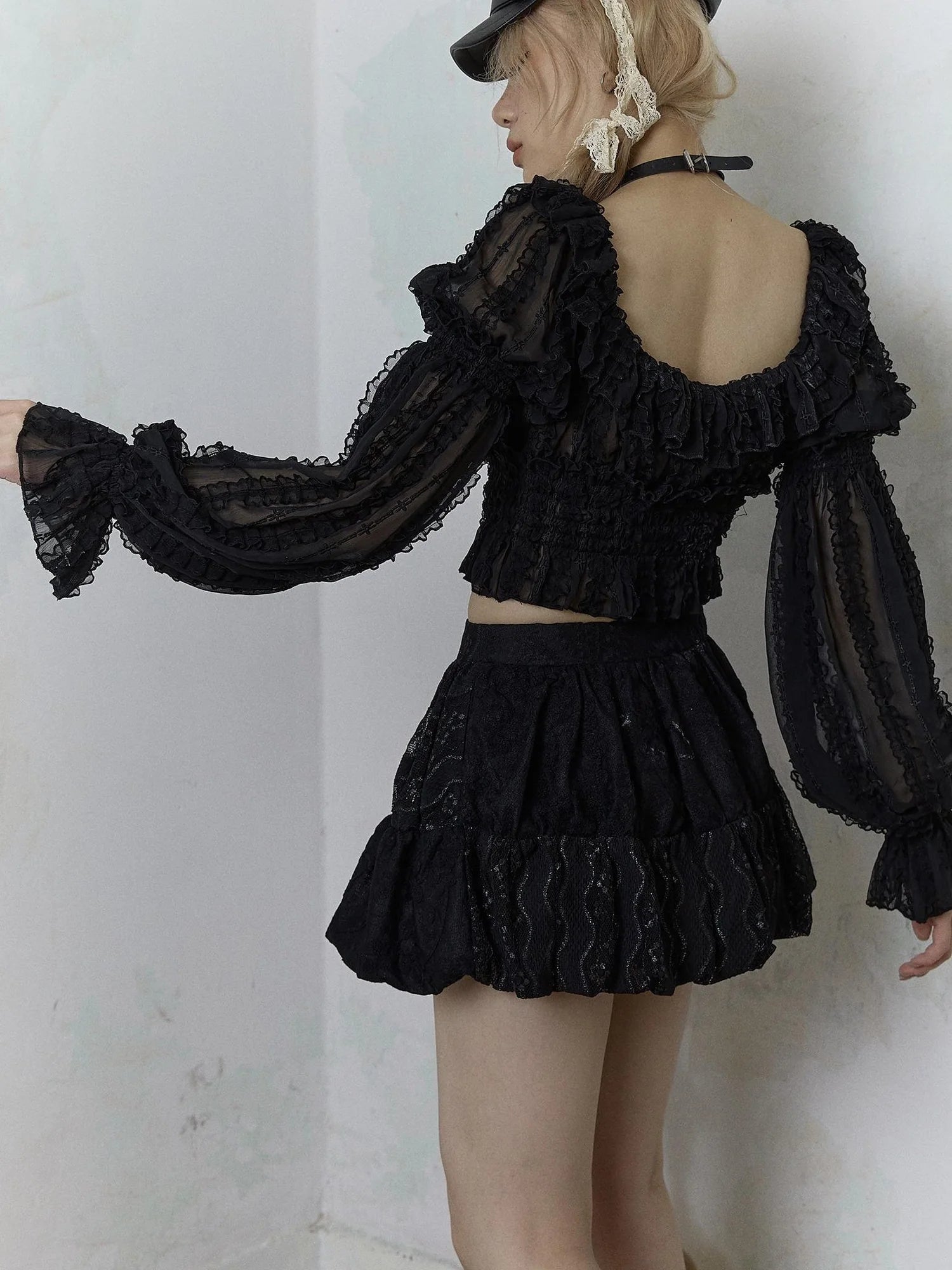 Vintage Lace Puff Sleeve Off Shoulder Blouse Top