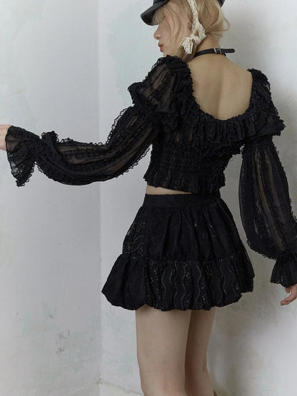 Vintage Lace Puff Sleeve Off Shoulder Blouse Top