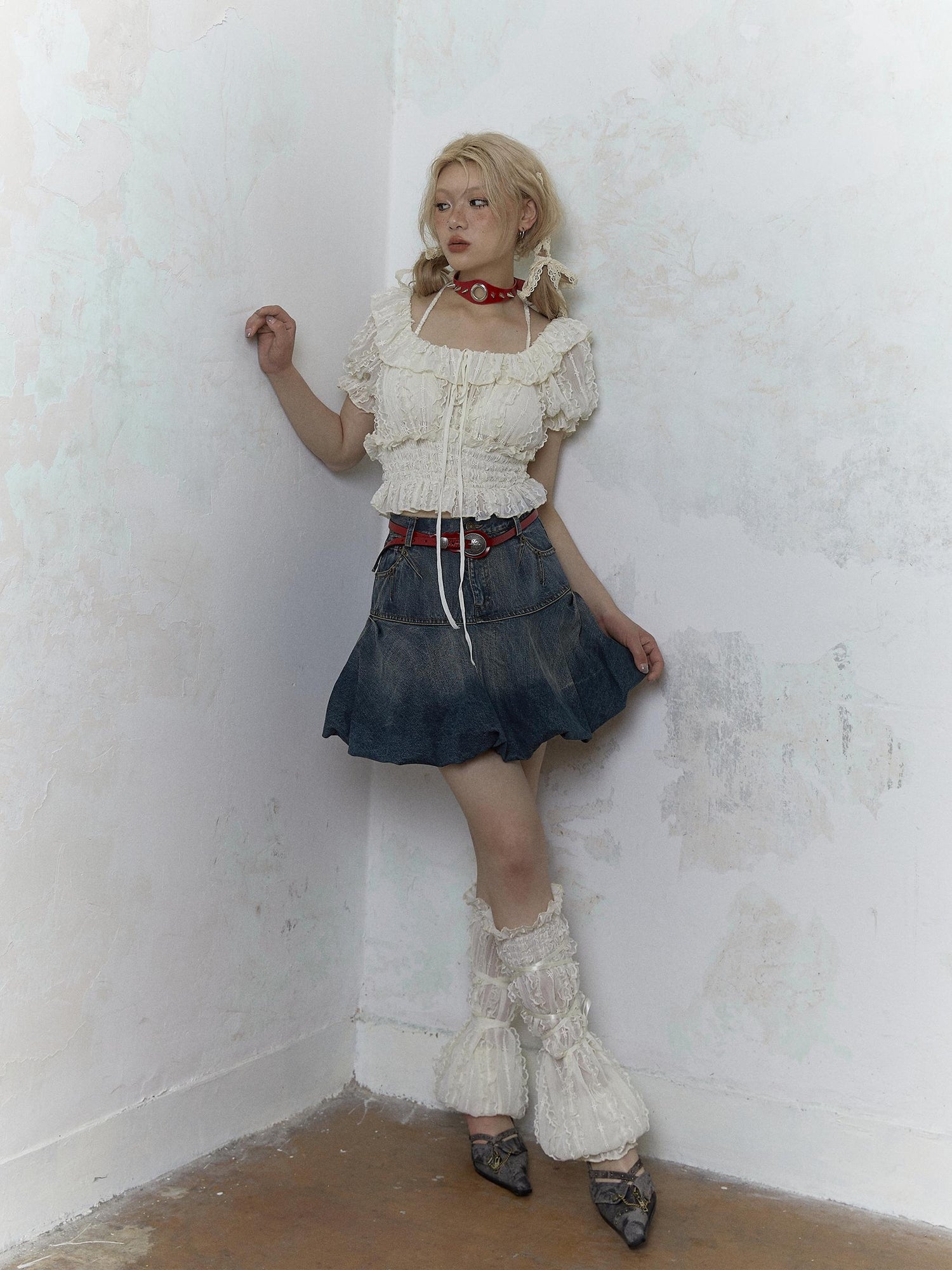 Vintage Lace Puff Sleeve Off Shoulder Blouse Top