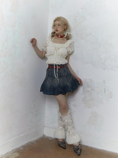 Vintage Lace Puff Sleeve Off Shoulder Blouse Top
