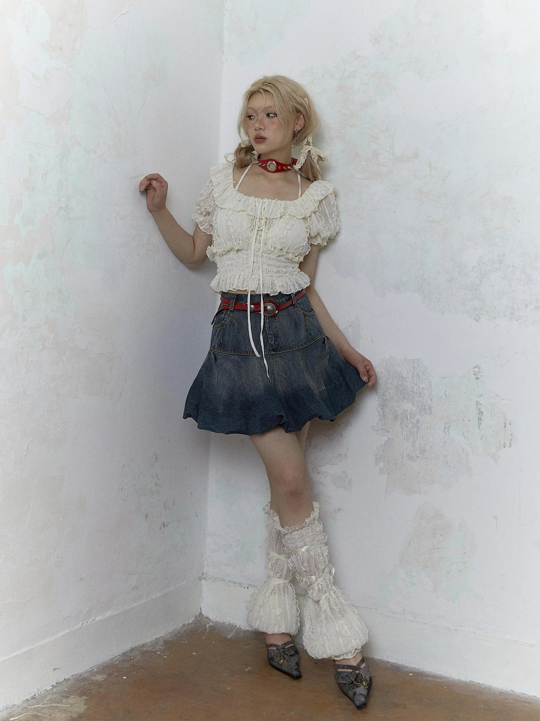 Vintage Lace Puff Sleeve Off Shoulder Blouse Top
