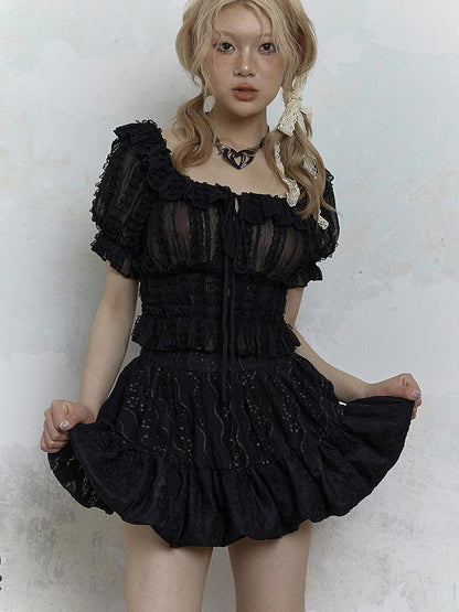 Vintage Lace Puff Sleeve Off Shoulder Blouse Top
