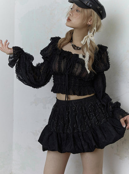 Vintage Lace Puff Sleeve Off Shoulder Blouse Top