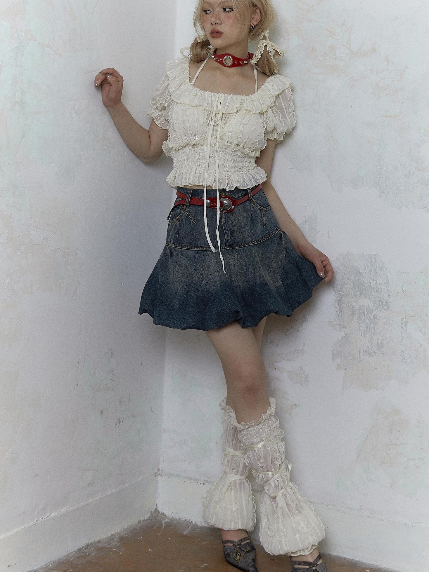 Vintage Lace Puff Sleeve Off Shoulder Blouse Top