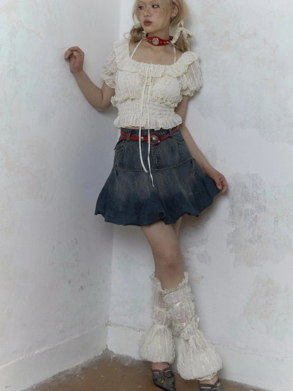 Vintage Lace Puff Sleeve Off Shoulder Blouse Top