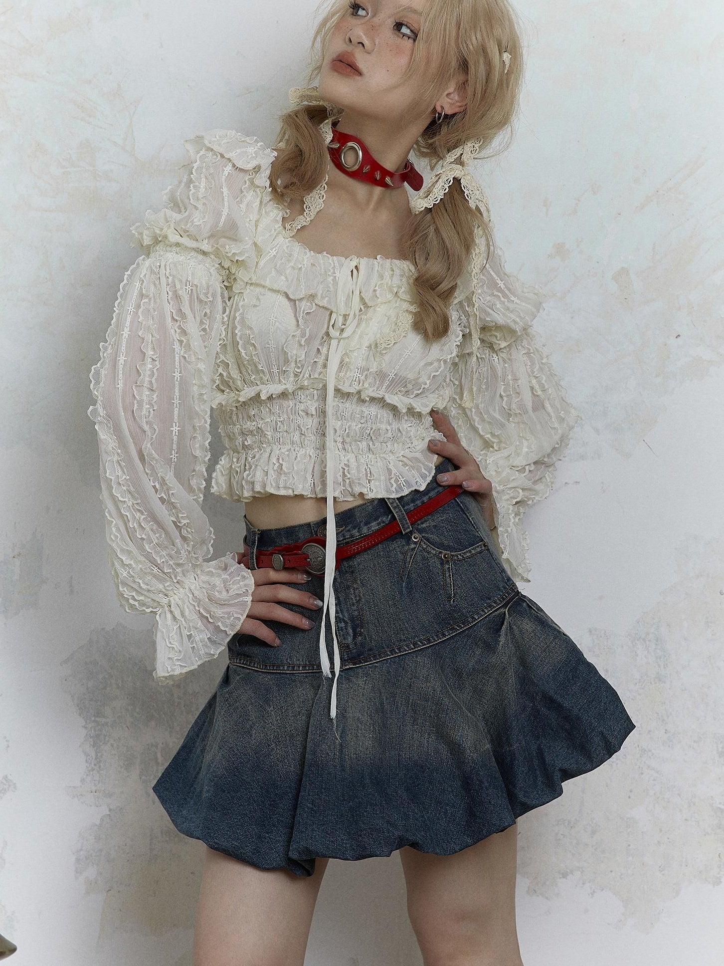 Vintage Lace Puff Sleeve Off Shoulder Blouse Top