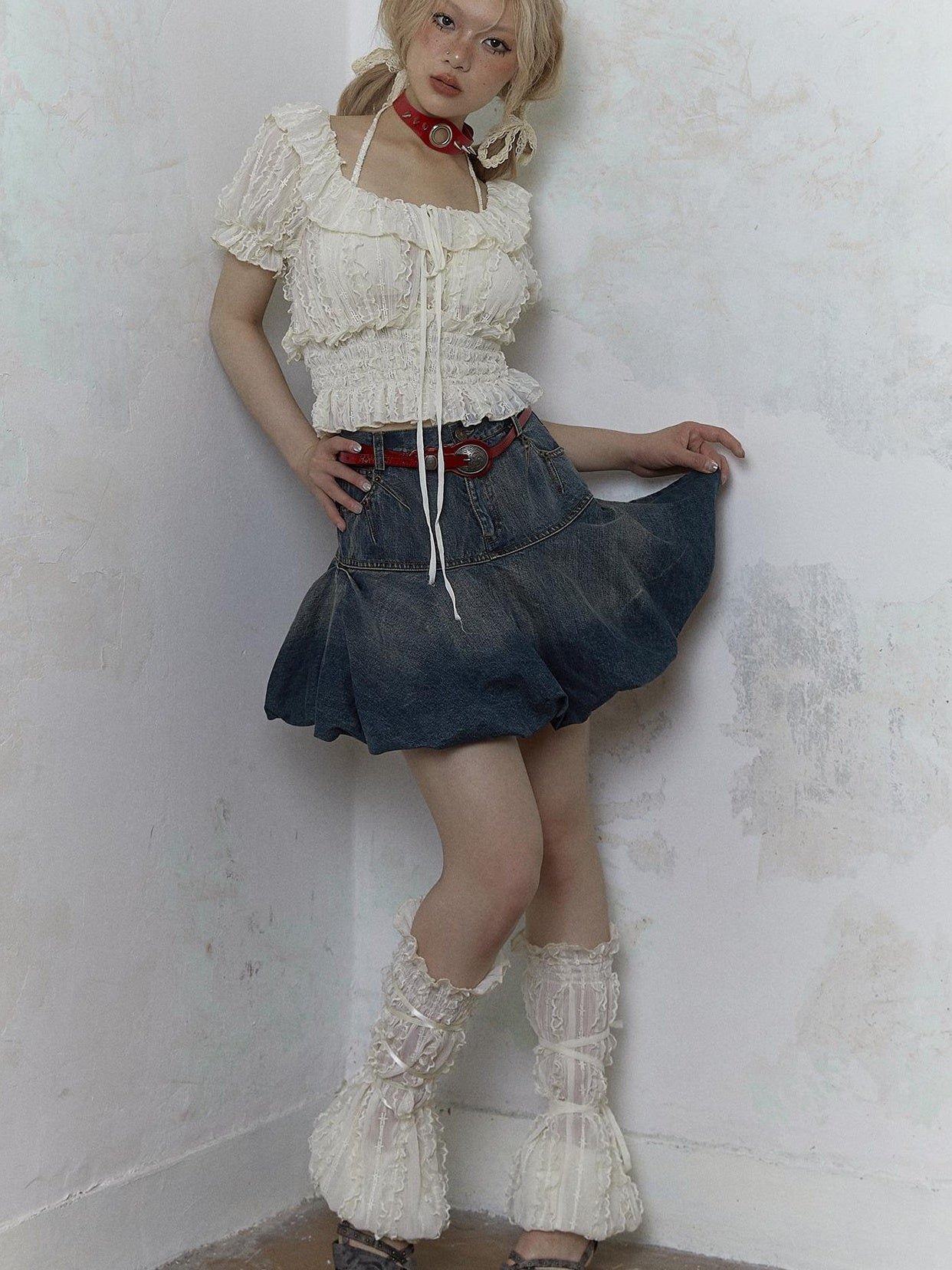 Vintage Lace Puff Sleeve Off Shoulder Blouse Top