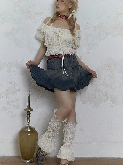 Vintage Lace Puff Sleeve Off Shoulder Blouse Top