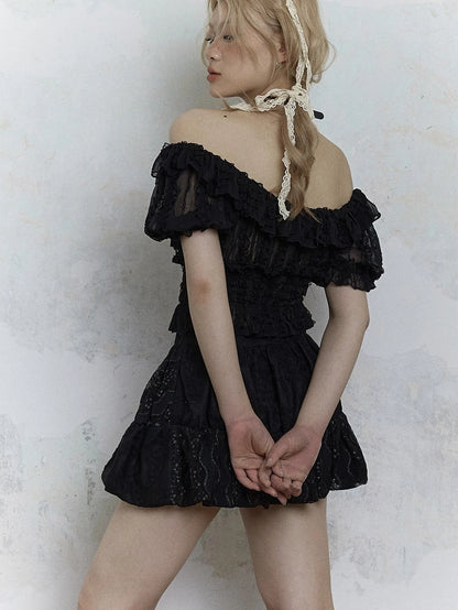 Vintage Lace Puff Sleeve Off Shoulder Blouse Top