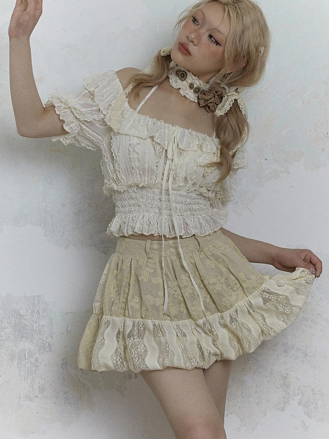 Vintage Lace Puff Sleeve Off Shoulder Blouse Top