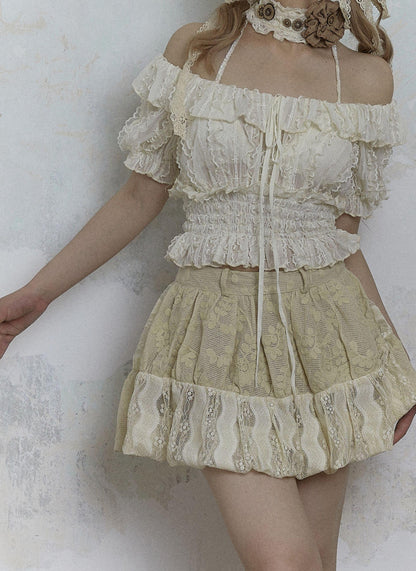 Vintage Lace Puff Sleeve Off Shoulder Blouse Top