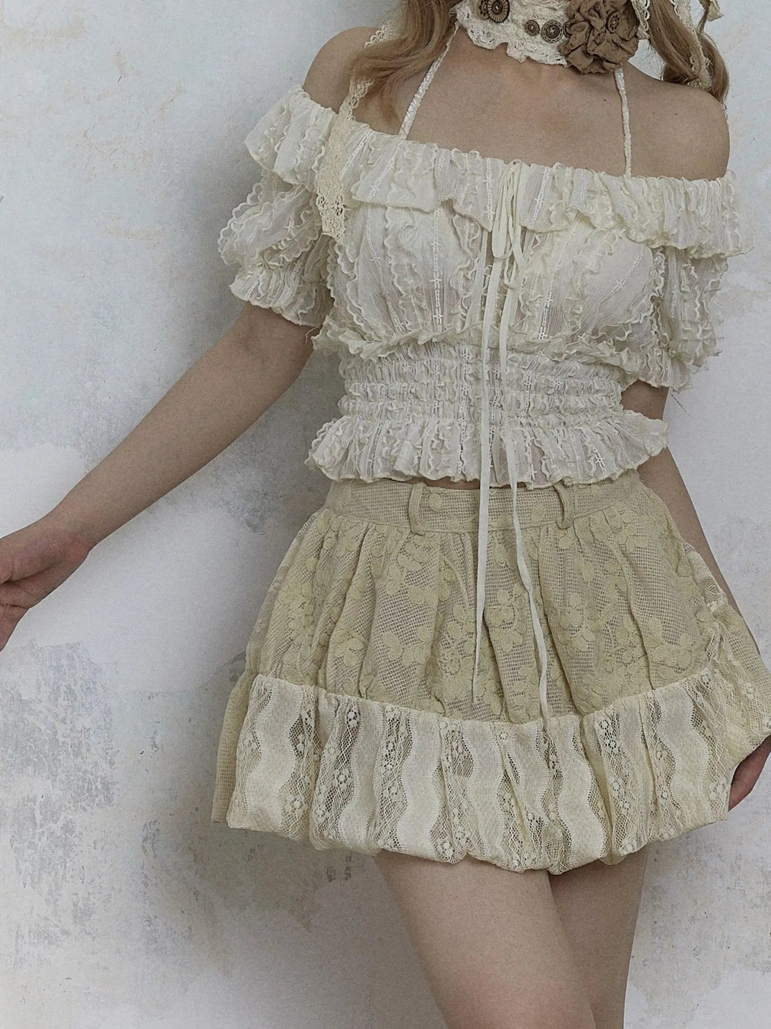 Vintage Lace Puff Sleeve Off Shoulder Blouse Top