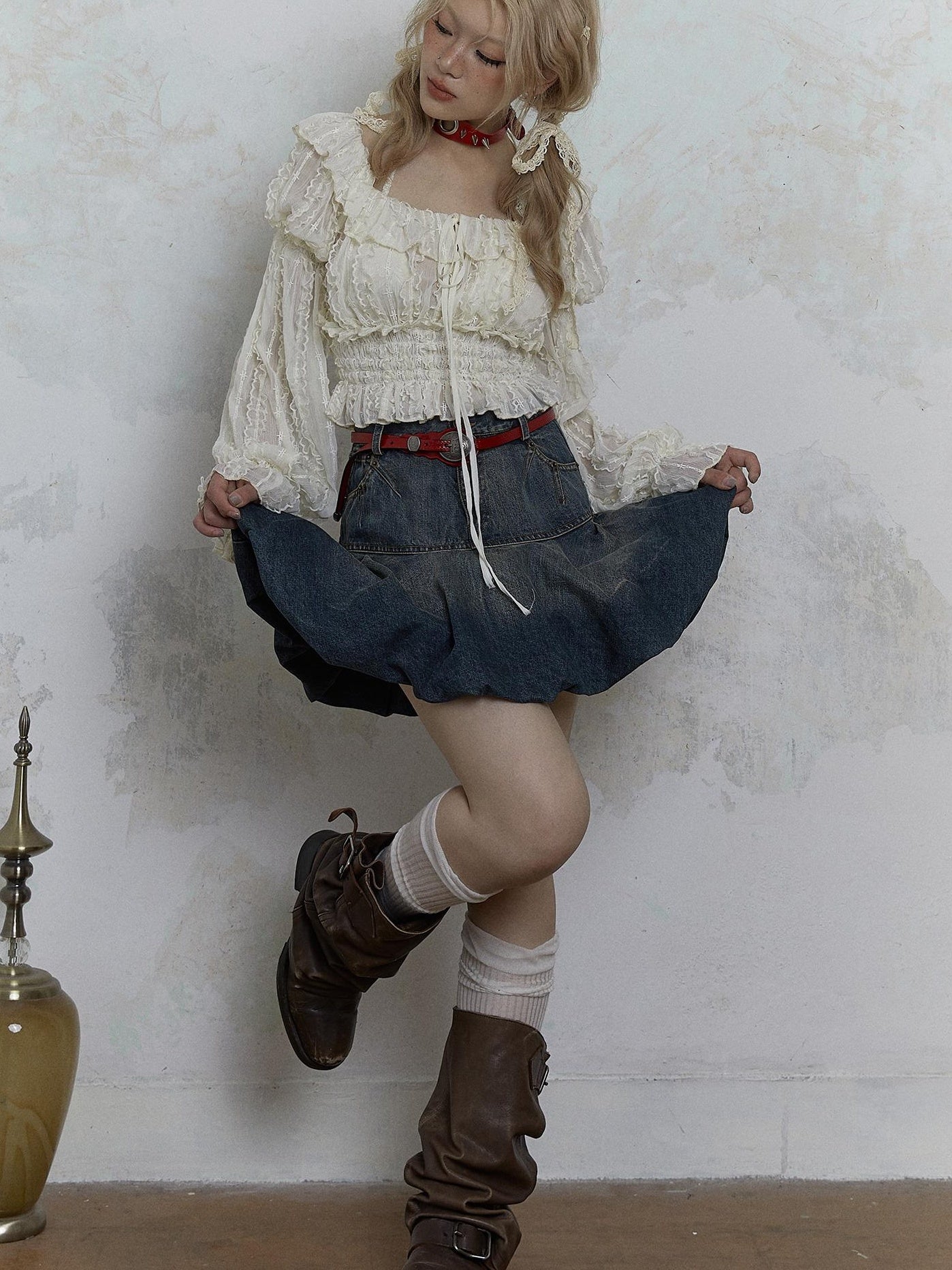Vintage Lace Puff Sleeve Off Shoulder Blouse Top